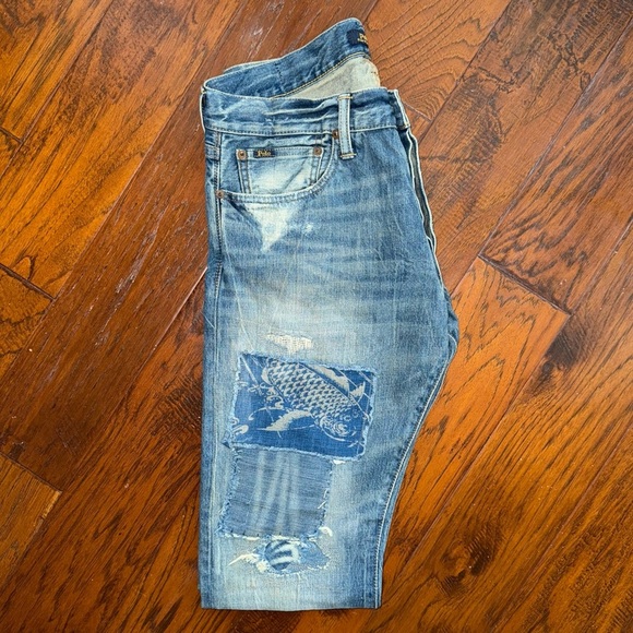 Polo By Ralph Lauren Varrick Slim Straight Koi Patchwork Distressed Jeans - Picture 7 of 14